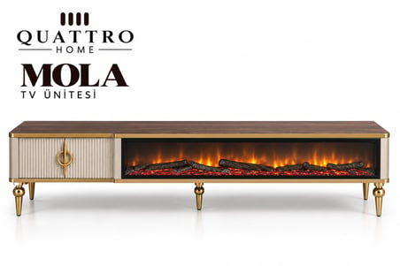 Mola Elektrikli Şömineli TV Ünitesi 160 cm Ceviz Aytaşı Gold Metal Ayaklı Modern TV Sehpası