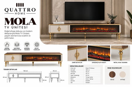 Mola Elektrikli Şömineli TV Ünitesi 160 cm Ceviz Aytaşı Gold Metal Ayaklı Modern TV Sehpası