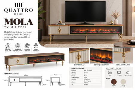 Mola Elektrikli Şömineli TV Ünitesi 160 cm Ceviz Aytaşı Gold Metal Ayaklı Modern TV Sehpası