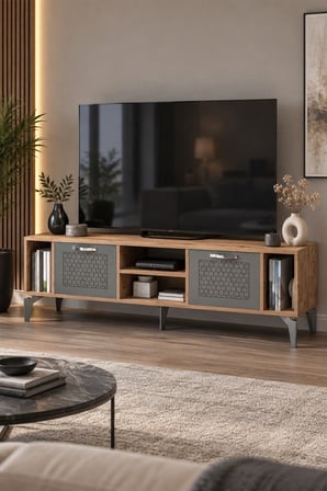 SuloraHome Kahverengi ve Antrasit Kapaklı TV Sehpası