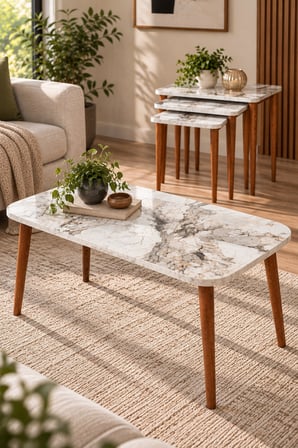 SuloraHome Torna Ayaklı Mermer Desenli 4'lü Sehpa Seti Beyaz