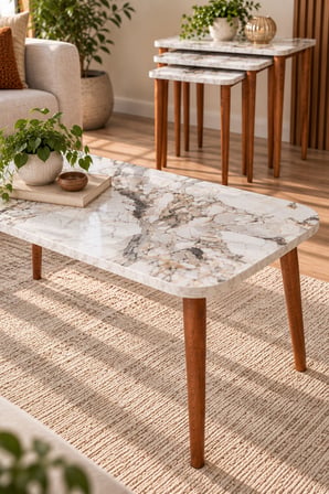 SuloraHome Torna Ayaklı Mermer Desenli 4'lü Sehpa Seti Beyaz