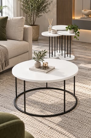 SuloraHome 4'lü Beyaz Yuvarlak Sehpa Seti Siyah Metal Ayaklı