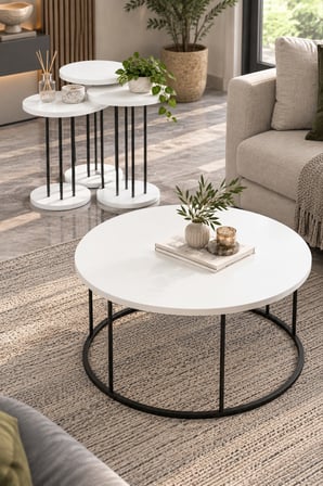SuloraHome 4'lü Beyaz Yuvarlak Sehpa Seti Siyah Metal Ayaklı