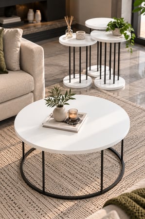 SuloraHome 4'lü Beyaz Yuvarlak Sehpa Seti Siyah Metal Ayaklı
