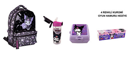 Kuromi Okul Çantası,Beslenme Kabı ve Matara (KUROMİ OYUN HAMURU HEDİYELİ)