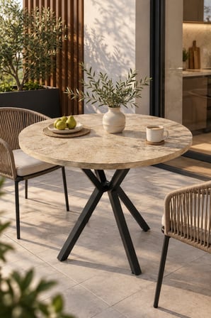 SuloraHome 90 cm Yuvarlak Mutfak Masası - Traverten Desenli Modern Metal Ayaklı