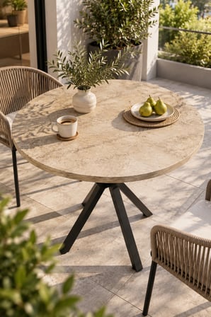 SuloraHome 90 cm Yuvarlak Mutfak Masası - Traverten Desenli Modern Metal Ayaklı