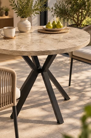 SuloraHome 90 cm Yuvarlak Mutfak Masası - Traverten Desenli Modern Metal Ayaklı