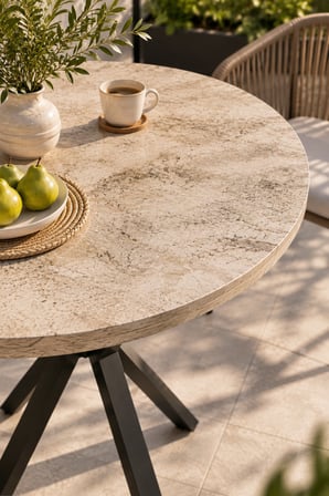 SuloraHome 90 cm Yuvarlak Mutfak Masası - Traverten Desenli Modern Metal Ayaklı