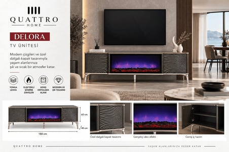 Delora Elektrikli Şömineli TV Ünitesi 180 cm Antrasit Modern Dalgalı Kapaklı TV Sehpası