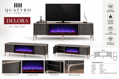 Delora Elektrikli Şömineli TV Ünitesi 180 cm Antrasit Modern Dalgalı Kapaklı TV Sehpası