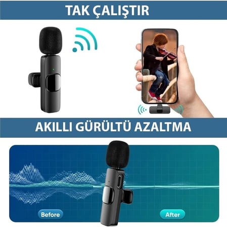 K9T2 Type-C Bağlantılı, 360° Ses Yakalama, Gürültü Azaltma Özellikli; Android, iPad ve iphone 15 ve 16/Plus/Pro/ProMax ve 17/Pro/ProMax Uyumlu Kablosuz Çiftli Yaka Mikrofonu