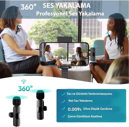 K9T2 Type-C Bağlantılı, 360° Ses Yakalama, Gürültü Azaltma Özellikli; Android, iPad ve iphone 15 ve 16/Plus/Pro/ProMax ve 17/Pro/ProMax Uyumlu Kablosuz Çiftli Yaka Mikrofonu
