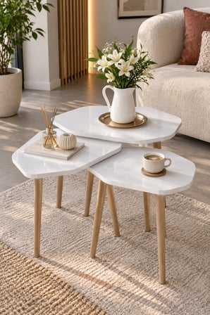 SuloraHome 3'lü Beyaz Geometrik Zigon Sehpa Seti Ahşap Ayaklı