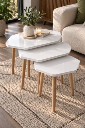 SuloraHome 3'lü Beyaz Geometrik Zigon Sehpa Seti Ahşap Ayaklı