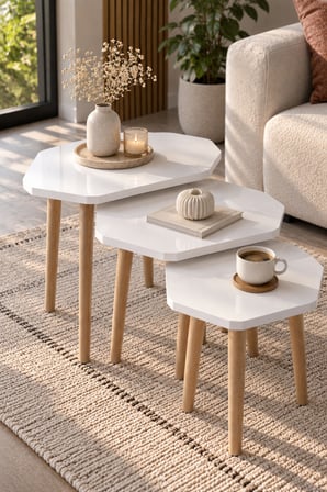 SuloraHome 3'lü Beyaz Geometrik Zigon Sehpa Seti Ahşap Ayaklı