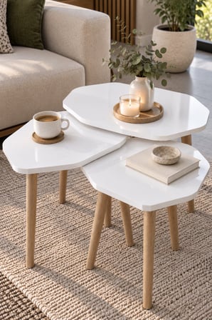SuloraHome 3'lü Beyaz Geometrik Zigon Sehpa Seti Ahşap Ayaklı