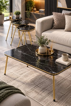 SuloraHome Siyah Mermer Desenli Gold Metal Ayaklı 4'lü Sehpa Seti