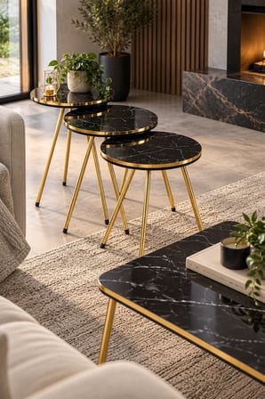 SuloraHome Siyah Mermer Desenli Gold Metal Ayaklı 4'lü Sehpa Seti