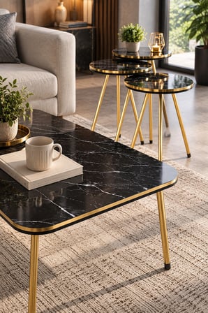 SuloraHome Siyah Mermer Desenli Gold Metal Ayaklı 4'lü Sehpa Seti