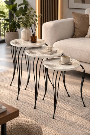 SuloraHome Lükens Metal Ayaklı Mermer Desenli 3'lü Zigon Sehpa Takımı Beyaz