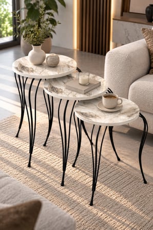 SuloraHome Lükens Metal Ayaklı Mermer Desenli 3'lü Zigon Sehpa Takımı Beyaz