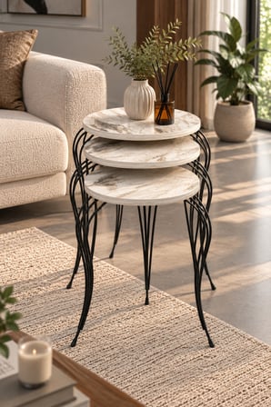 SuloraHome Lükens Metal Ayaklı Mermer Desenli 3'lü Zigon Sehpa Takımı Beyaz