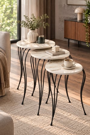 SuloraHome Lükens Metal Ayaklı Mermer Desenli 3'lü Zigon Sehpa Takımı Beyaz