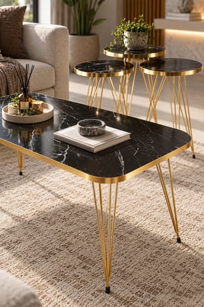 SuloraHome Gold Bendir Tel Zigon ve Orta Sehpa 4 Parça Seti