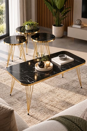 SuloraHome Gold Bendir Tel Zigon ve Orta Sehpa 4 Parça Seti