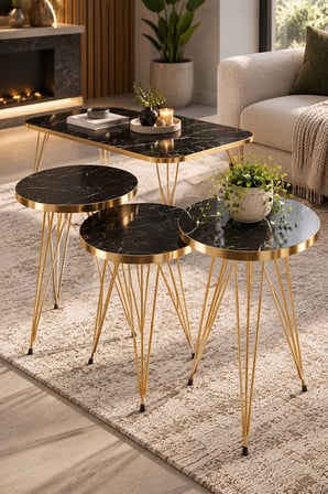 SuloraHome Gold Bendir Tel Zigon ve Orta Sehpa 4 Parça Seti