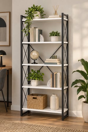 SuloraHome 5 Raflı Metal Kitaplık Beyaz ve Siyah