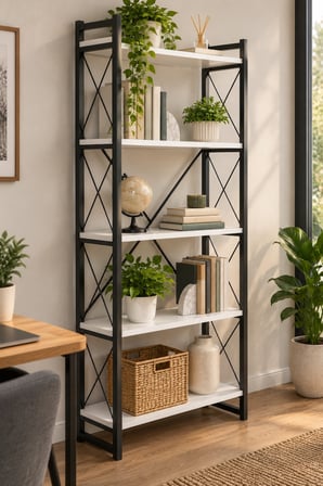 SuloraHome 5 Raflı Metal Kitaplık Beyaz ve Siyah