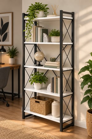 SuloraHome 5 Raflı Metal Kitaplık Beyaz ve Siyah