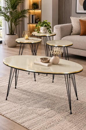 SuloraHome Siyah Tel Ayaklı Krem 4'lü Sehpa Seti