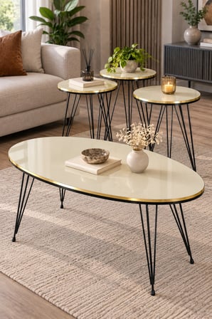 SuloraHome Siyah Tel Ayaklı Krem 4'lü Sehpa Seti