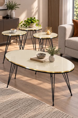 SuloraHome Siyah Tel Ayaklı Krem 4'lü Sehpa Seti