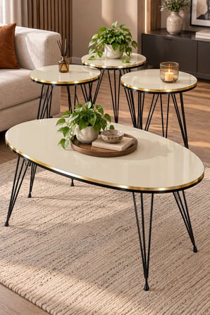 SuloraHome Siyah Tel Ayaklı Krem 4'lü Sehpa Seti