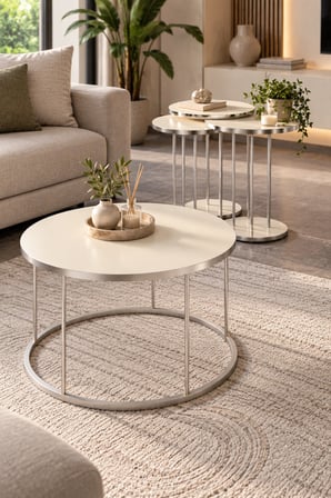 SuloraHome Gümüş Metal Ayaklı Krem Renkli 4'lü Sehpa Seti