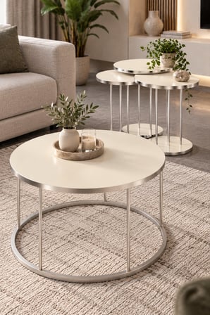 SuloraHome Gümüş Metal Ayaklı Krem Renkli 4'lü Sehpa Seti