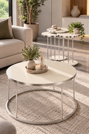SuloraHome Gümüş Metal Ayaklı Krem Renkli 4'lü Sehpa Seti