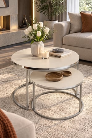 SuloraHome Gümüş Metal Ayaklı Krem 2'li Yuvarlak Orta Sehpa Seti