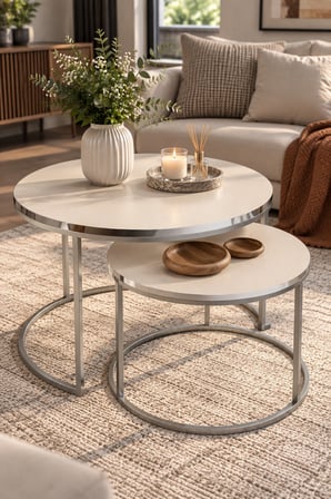 SuloraHome Gümüş Metal Ayaklı Krem 2'li Yuvarlak Orta Sehpa Seti