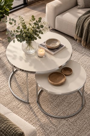 SuloraHome Gümüş Metal Ayaklı Krem 2'li Yuvarlak Orta Sehpa Seti