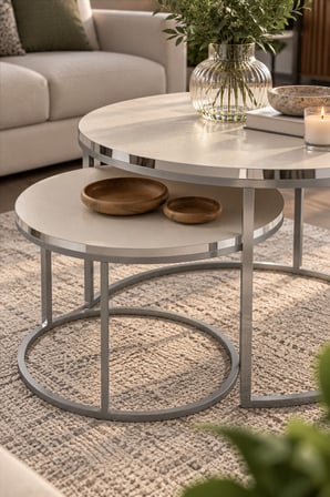 SuloraHome Gümüş Metal Ayaklı Krem 2'li Yuvarlak Orta Sehpa Seti