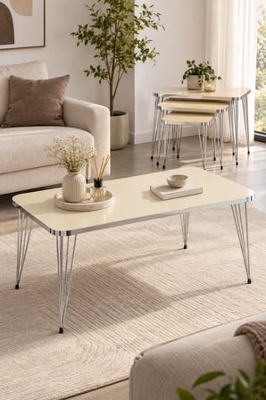 SuloraHome Gümüş Tel Ayaklı 4'lü Sehpa Seti Krem
