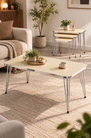 SuloraHome Gümüş Tel Ayaklı 4'lü Sehpa Seti Krem