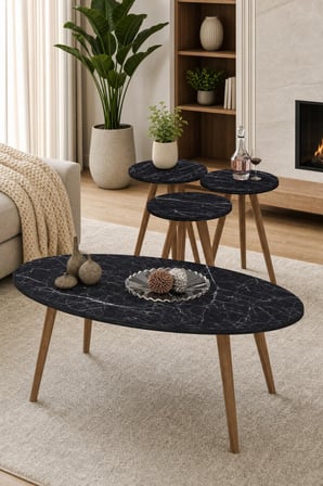 SuloraHome Torna Elips Sehpa Seti Siyah 4'lü Kombin