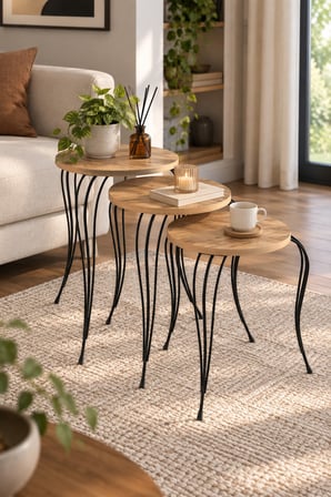 SuloraHome Lükens Metal Ayaklı Çam Desenli 3'lü Zigon Sehpa Takımı